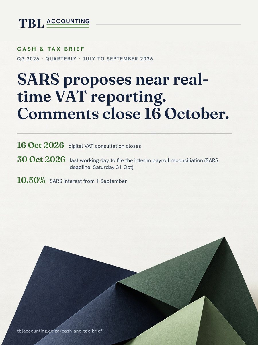 Cover of the TBL Accounting Cash & Tax Brief, Q3 2026: SARS proposes near real-time VAT reporting. Comments close 16 October.